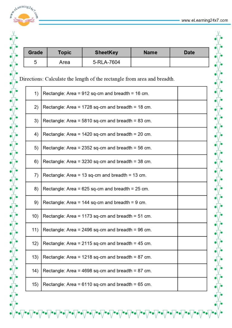 Area, Perimeter, &  Volume Worksheets For Grade 5 - www ...