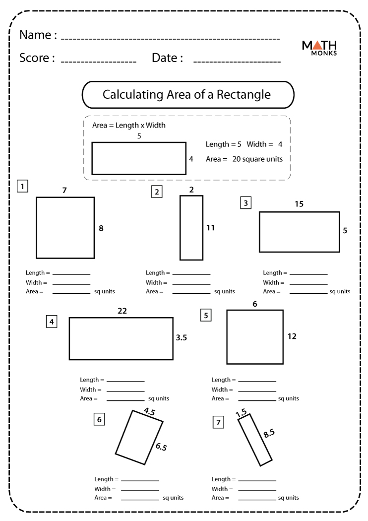 Area of a Rectangle Worksheets - Math Monks