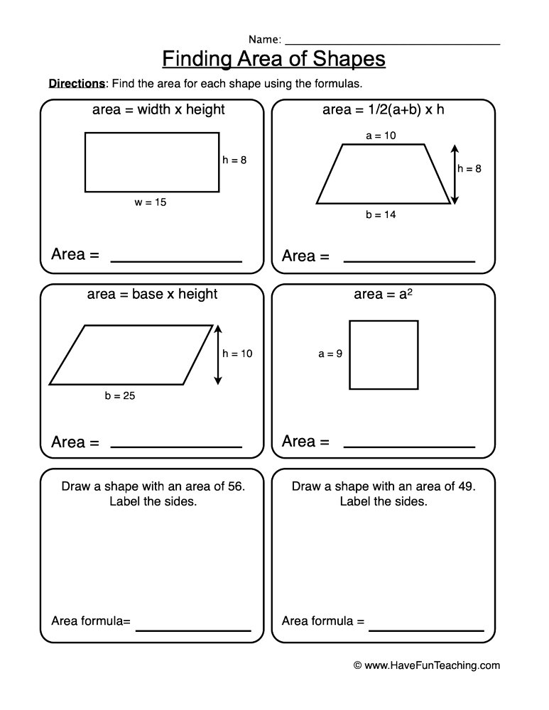 Finding the Area of Shapes Formulas Worksheet  