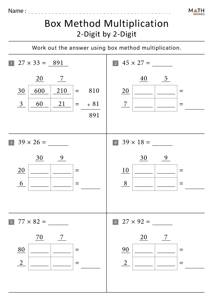 Area Model Multiplication Worksheets - Math Monks
