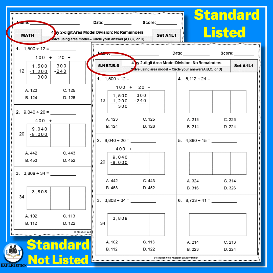 4 Digit by 2 Digit Area Model Division for Grade 5 Worksheets ...
