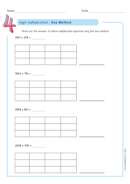 area model multiplication printable worksheets