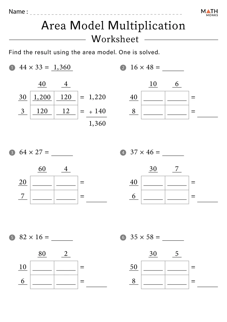 Area Model Multiplication Worksheets - Math Monks