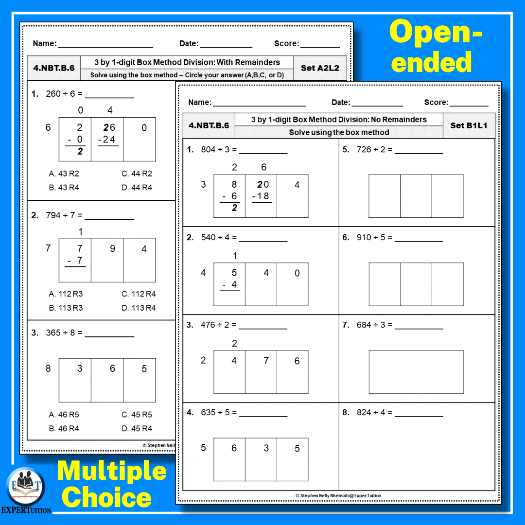 3 Digit by 1 Digit Box Method Division Worksheets 4th Grade ...