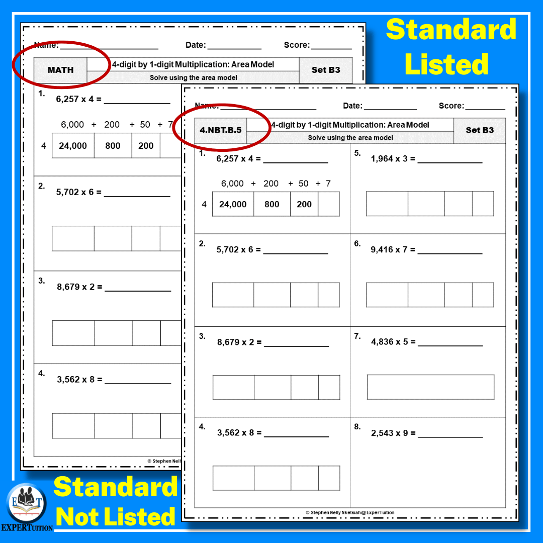 4 Digit by 1 Digit Area Model Multiplication Worksheets - ExperTuition