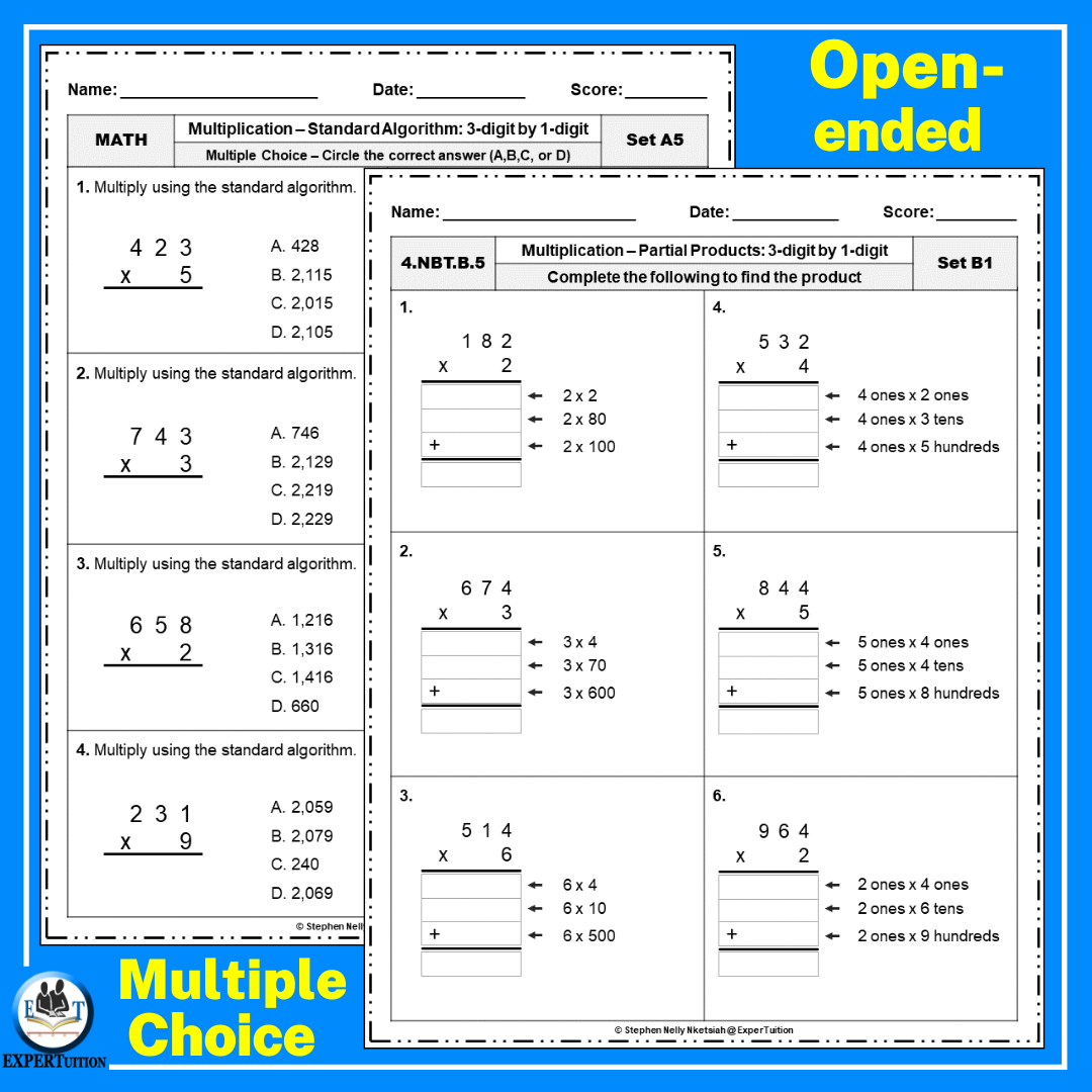 3-Digit by 1-Digit Multiplication Assessment Worksheets | Area ...