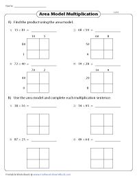 Area Model Multiplication Worksheets