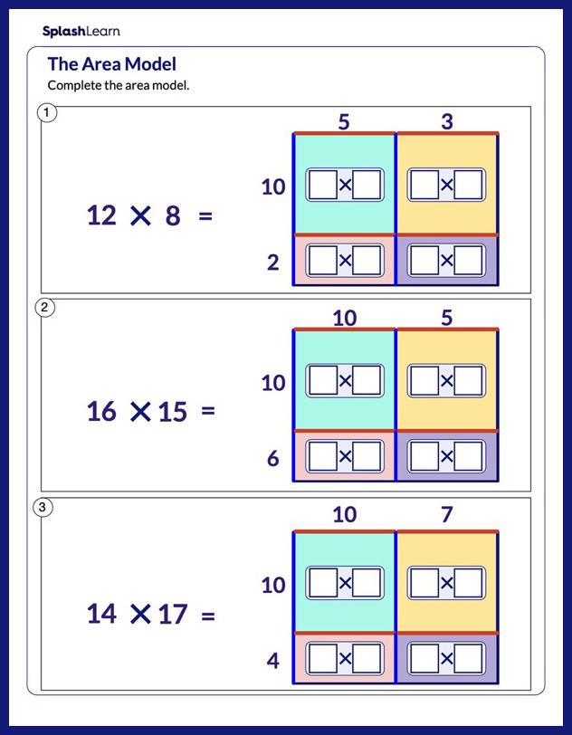 Fill the Area Model of Multiplication - Math Worksheets - SplashLearn