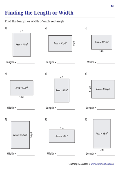 Finding Length or Width of a Rectangle from Area Worksheets