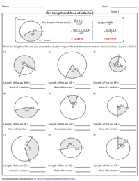area of a sector worksheet