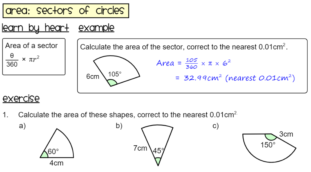 area of a sector worksheet