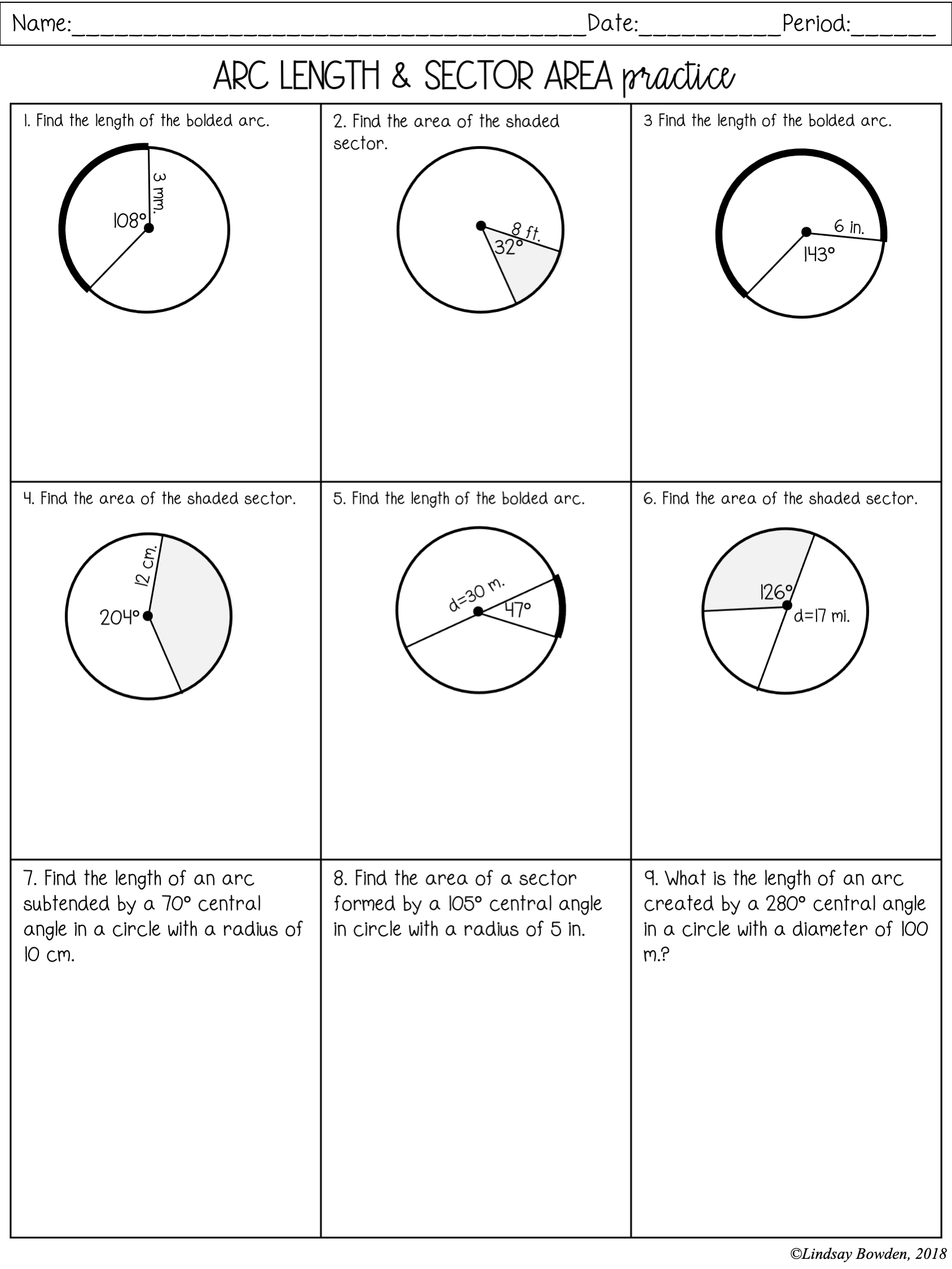 area of a sector worksheet
