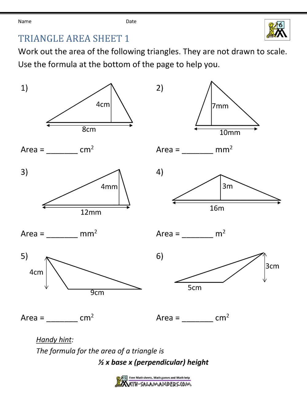 area of a triangle worksheet 6th grade