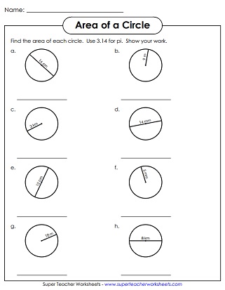 area of circle worksheet