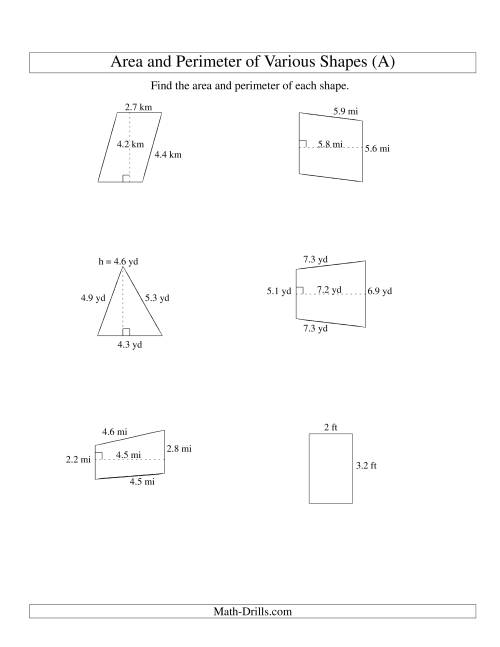 Area and Perimeter of Various Shapes (up to 1 decimal place; range ...