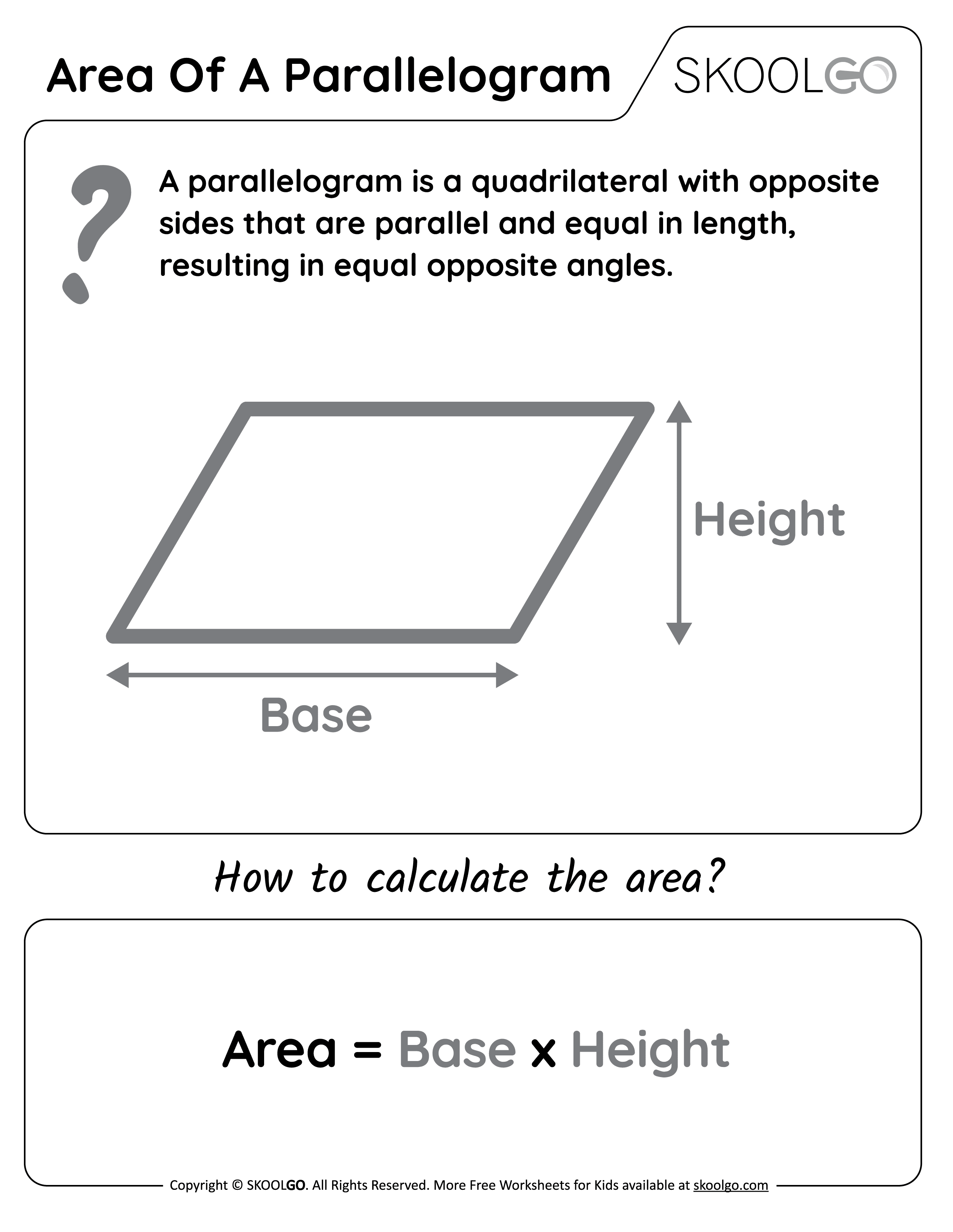 Area of a Parallelogram - Free Worksheet for Kids - SKOOLGO