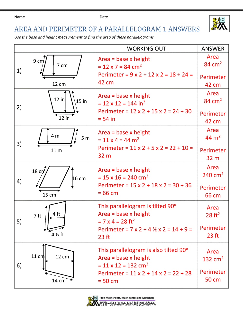 Area of Parallelogram Worksheet