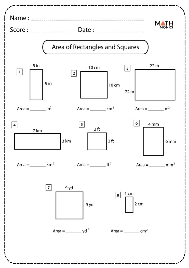 area of rectangles and squares worksheet