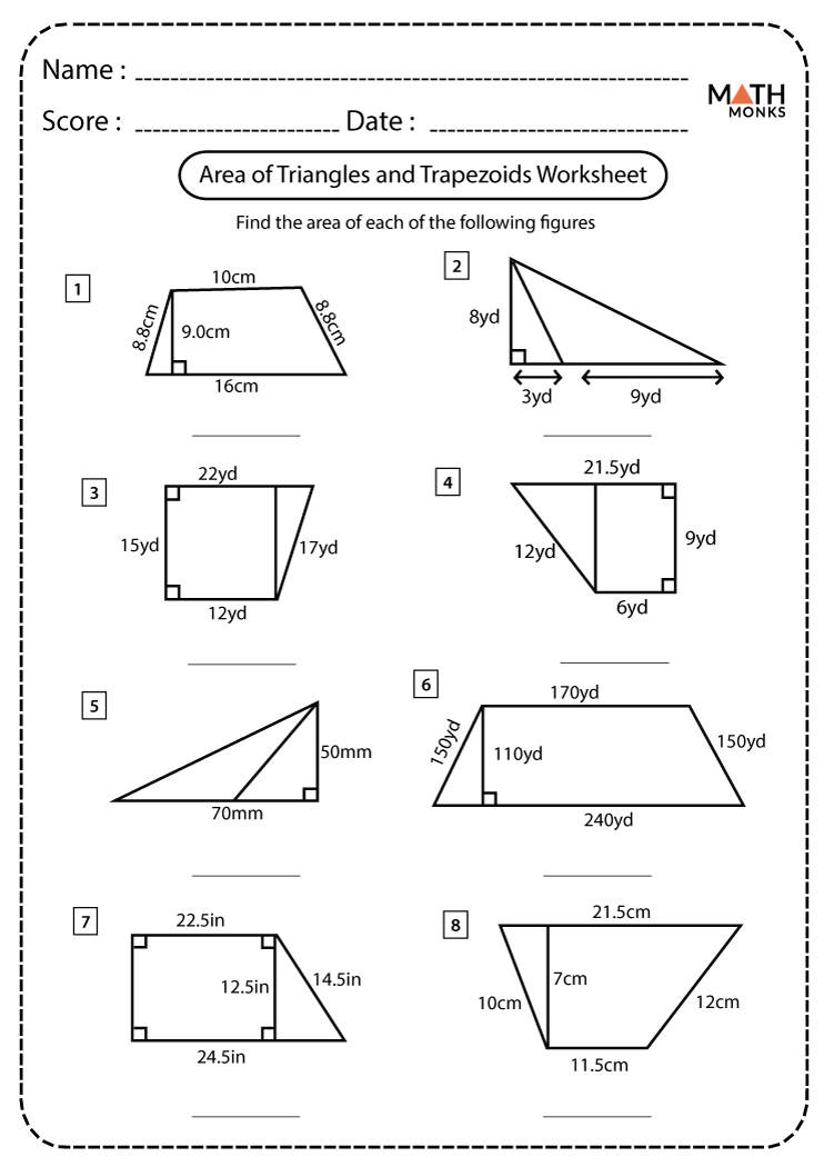Area of Triangles and Trapezoids Worksheets - Math Monks