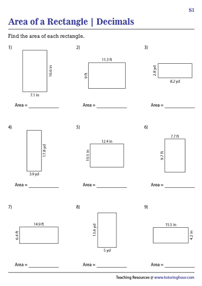 Area of Rectangles with Decimal Side Lengths Worksheets