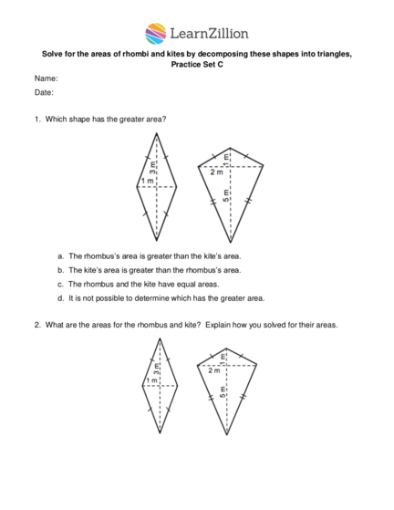 area of rhombus worksheet