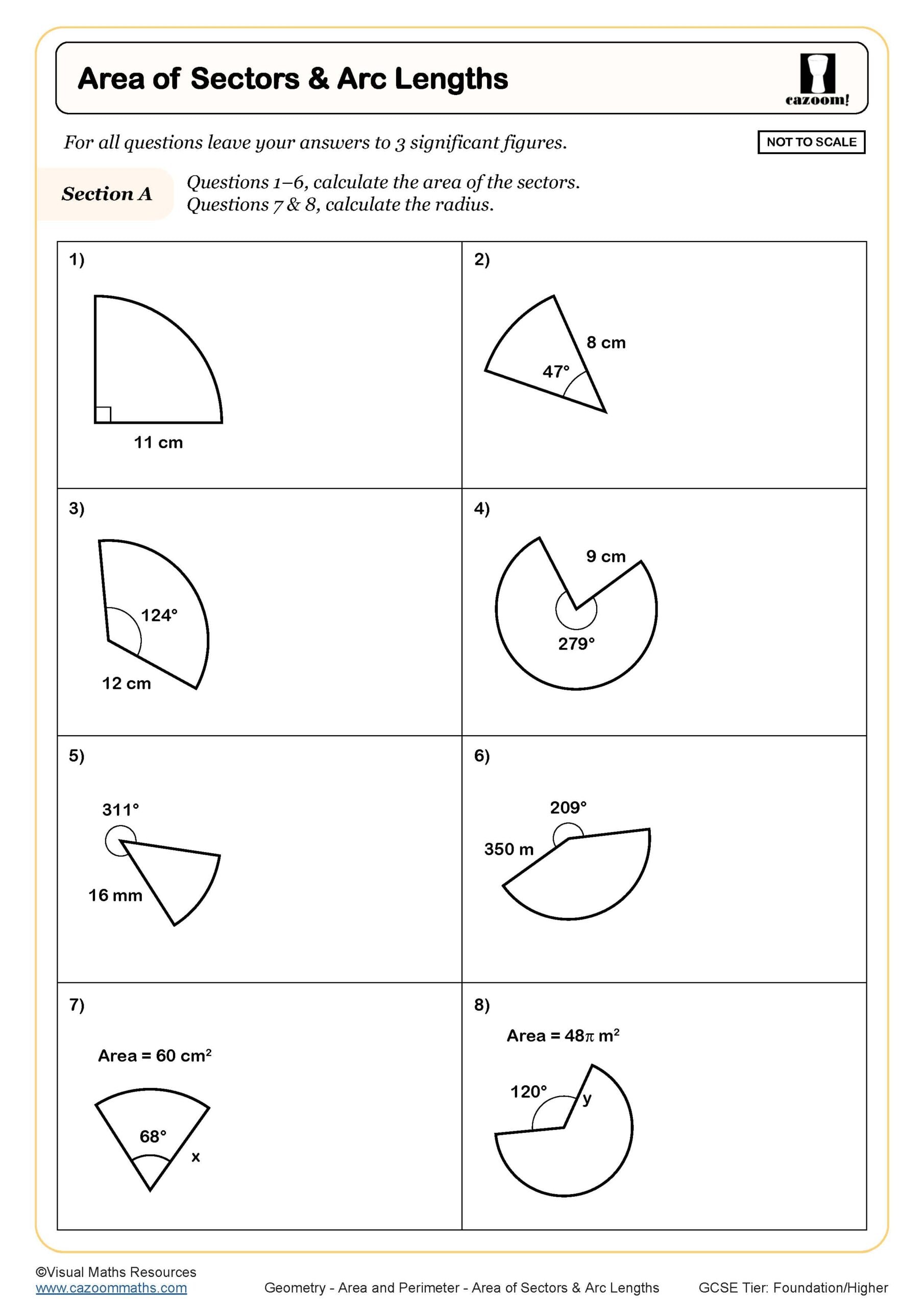 area of sector worksheet