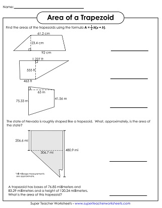 Area of Trapezoids - Worksheets