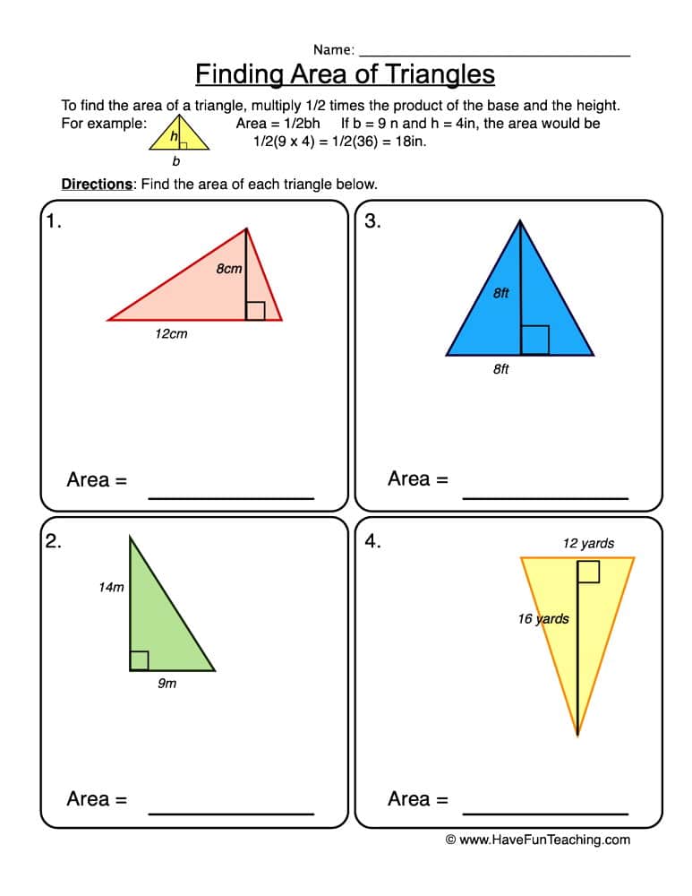 area of triangle worksheet