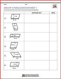 Area of Parallelogram Worksheet