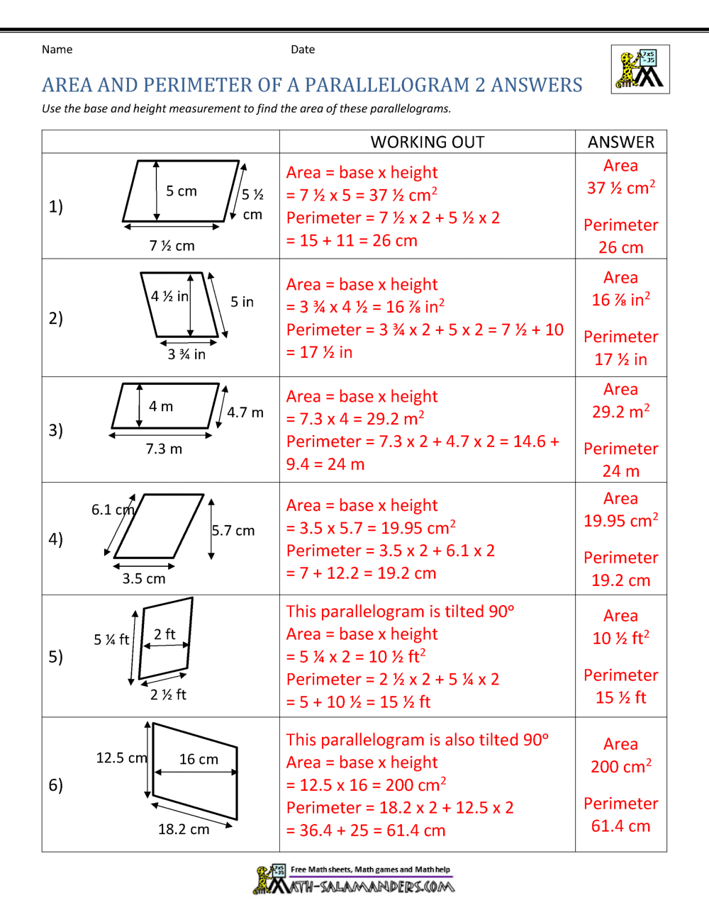 Area of Parallelogram Worksheet