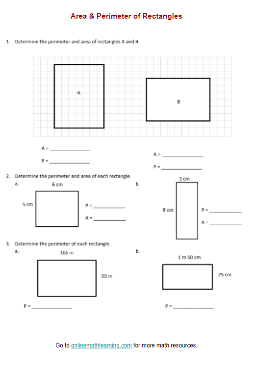 Area &  Perimeter of Rectangles (worksheets, printable, online ...