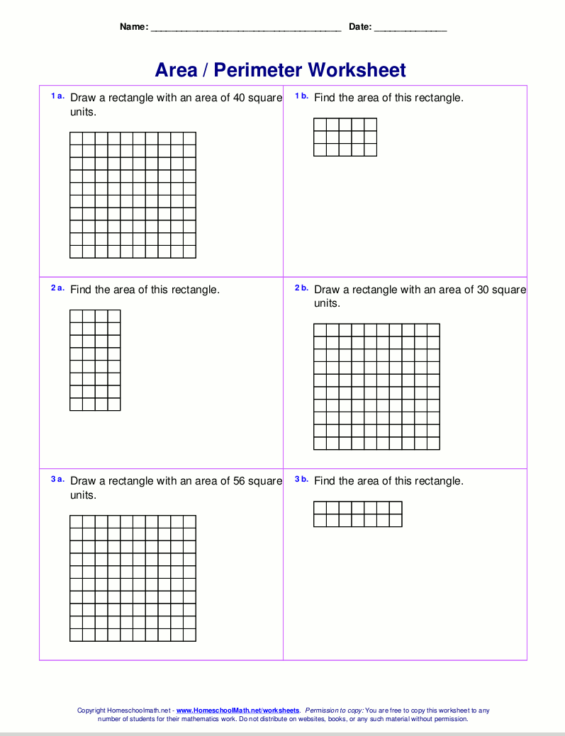 Area and perimeter worksheets (rectangles and squares)