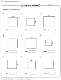 Area of Squares Worksheets