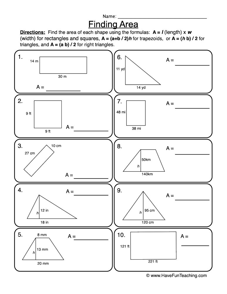 Finding Different Shapes Area Worksheet  