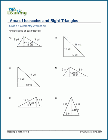 Grade 5 Geometry Worksheets: Area of triangles | Worsheets library