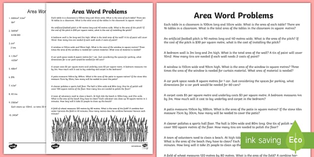 Word Problems Using Area Worksheet / Worksheet - Twinkl