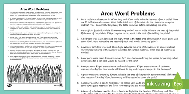 Area Word Problems Worksheet - Maths Resource (teacher made)