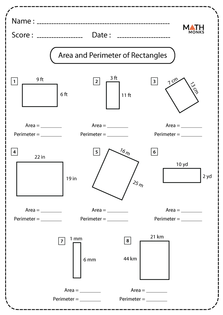 Area and Perimeter of Rectangles Worksheets - Math Monks