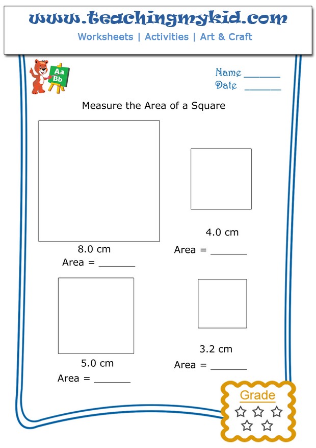 Kindergarten math worksheets - Measure the area of square - 5
