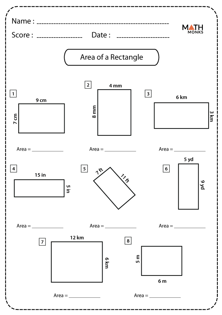Area of a Rectangle Worksheets - Math Monks
