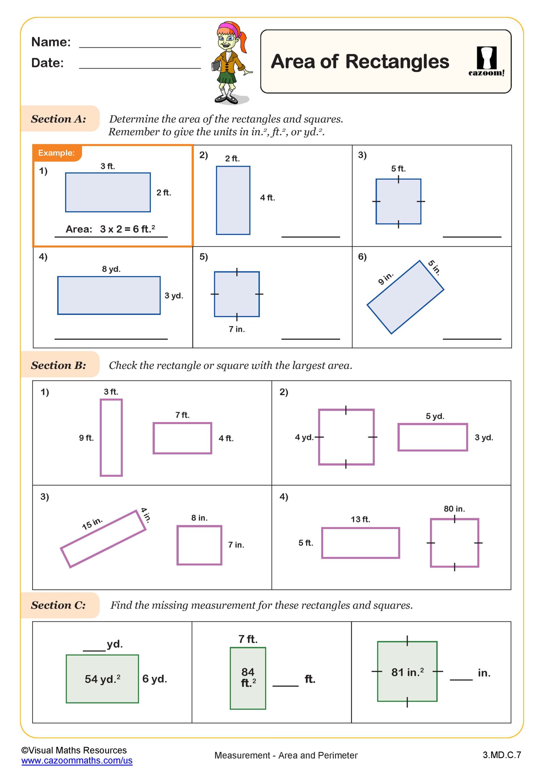Area of Rectangles | 3rd Grade PDF Measurement Worksheets