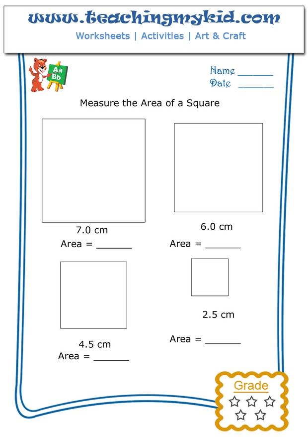 Preschool math worksheets - Measure the area of a square - 2