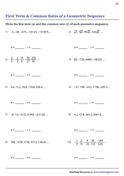 First Term and Common Ratio of a Geometric Sequence Worksheets