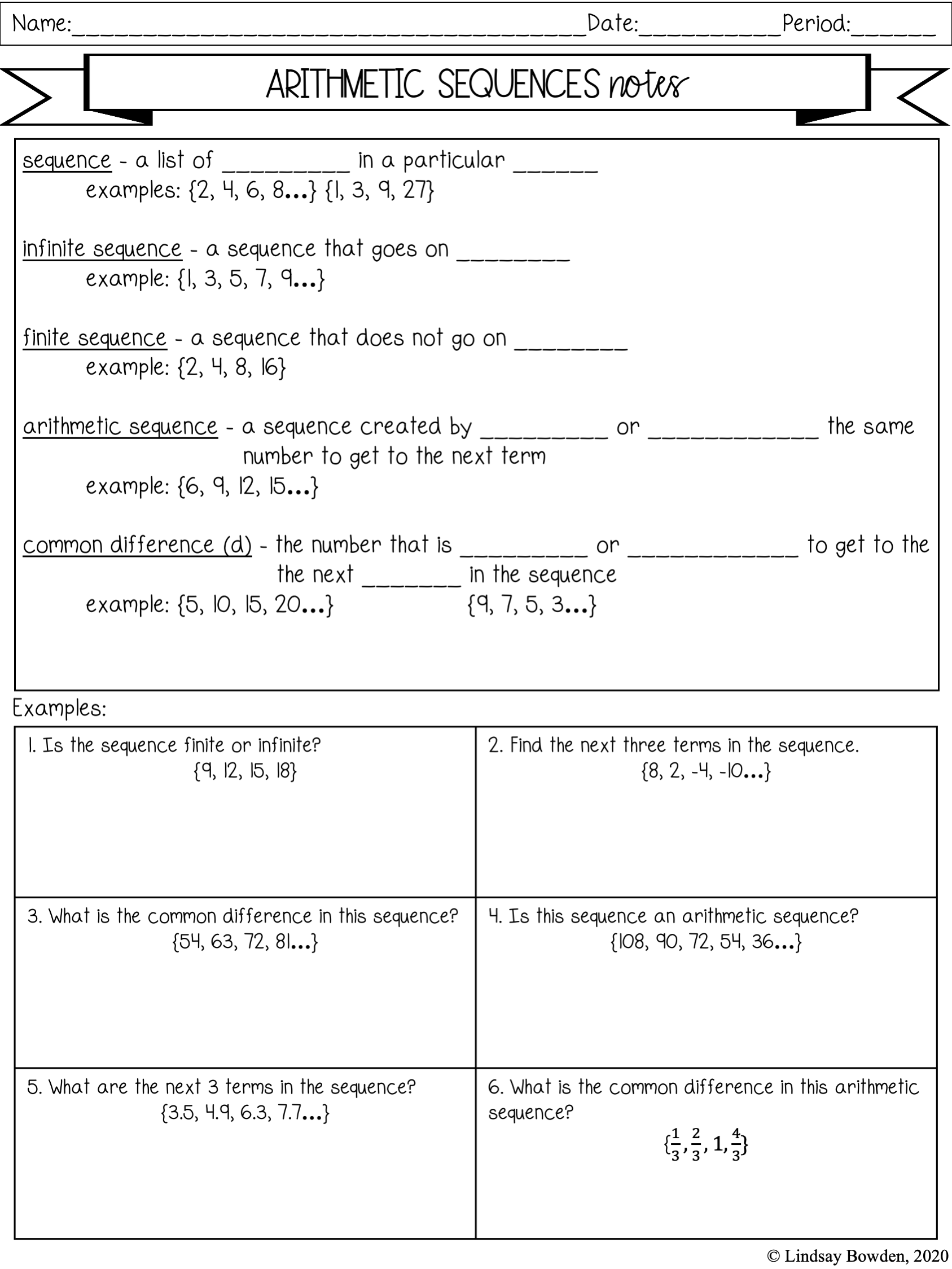 Arithmetic Sequences Notes and Worksheets - Lindsay Bowden