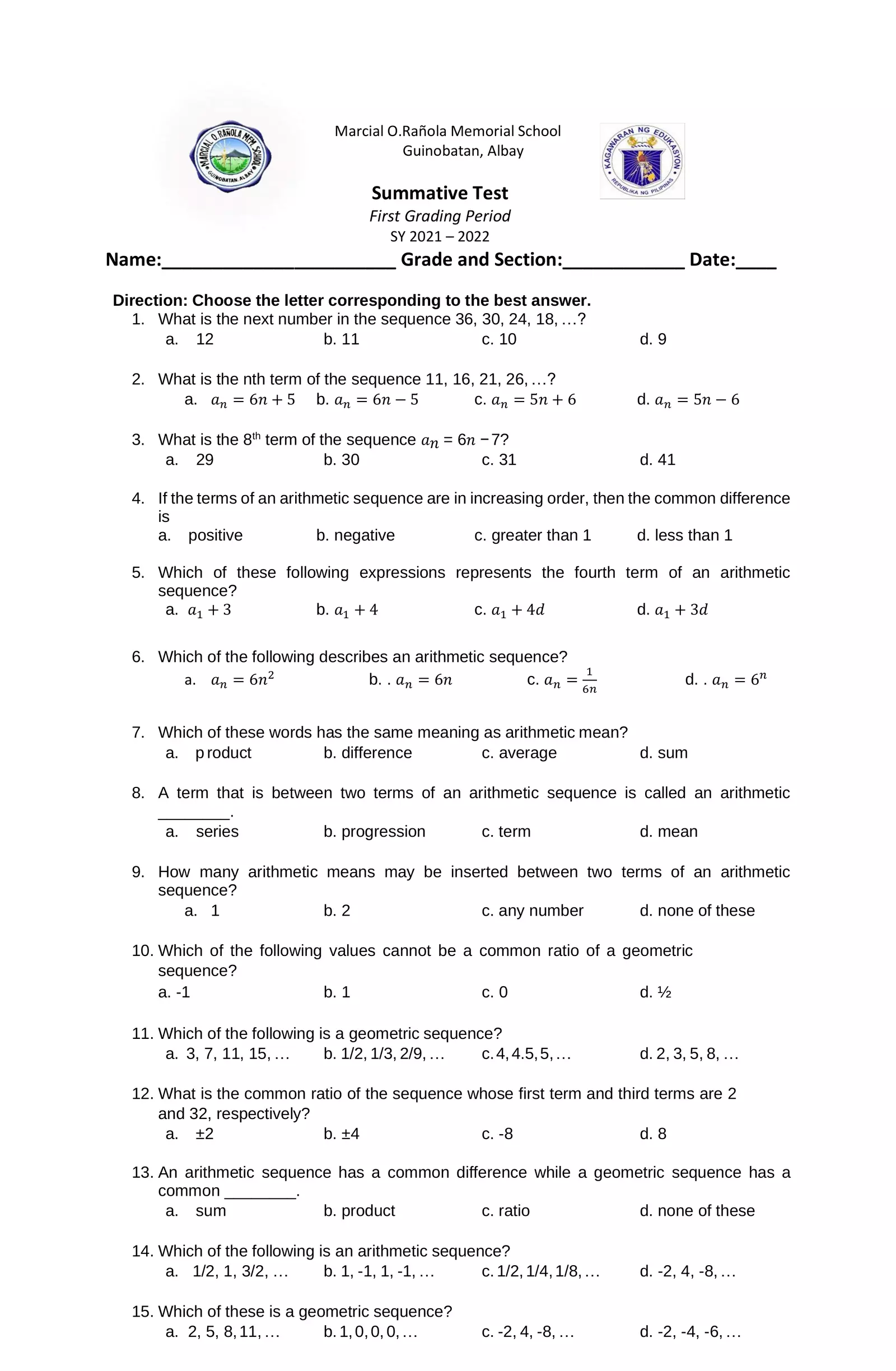 First Summative Test Q1 Interactive Worksheet - Edform
