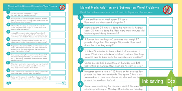 Mental Math: Addition and Subtraction Word Problems Activity