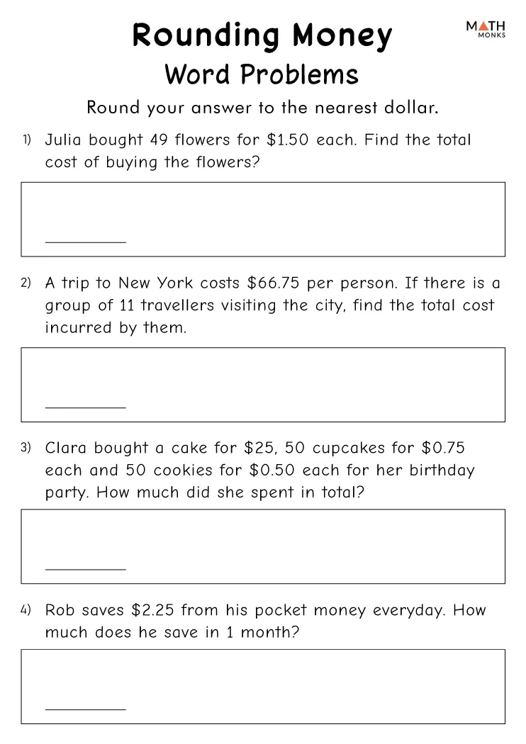 Money Word Problems Worksheets - Math Monks