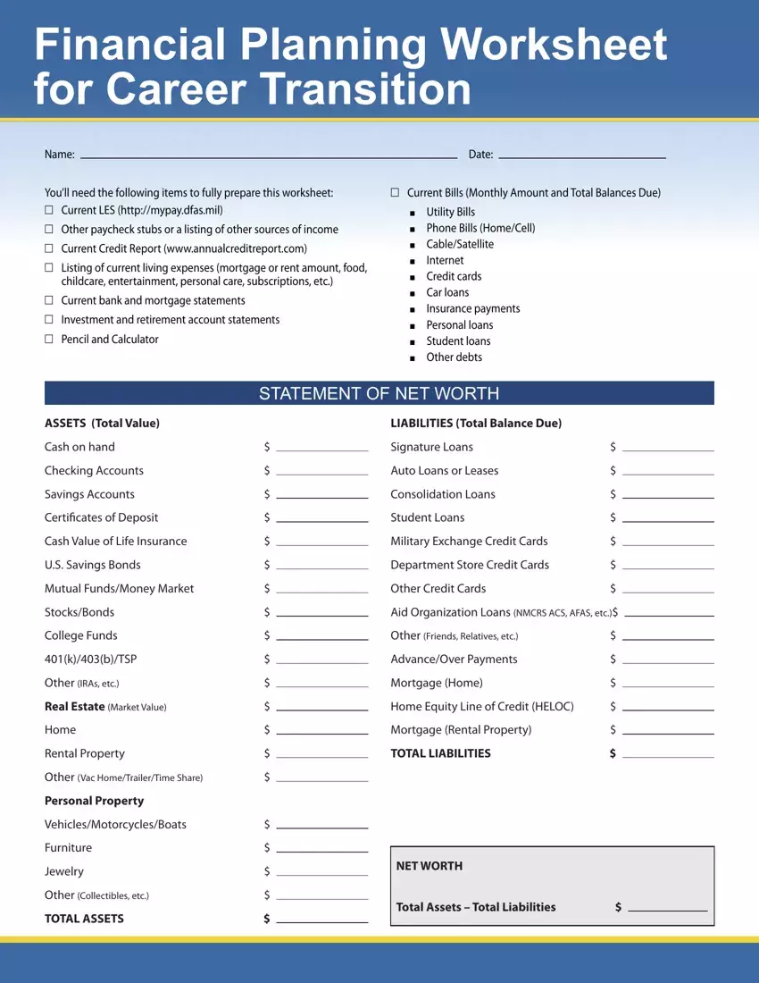 Financial Planning Worksheet For Career PDF Form - FormsPal