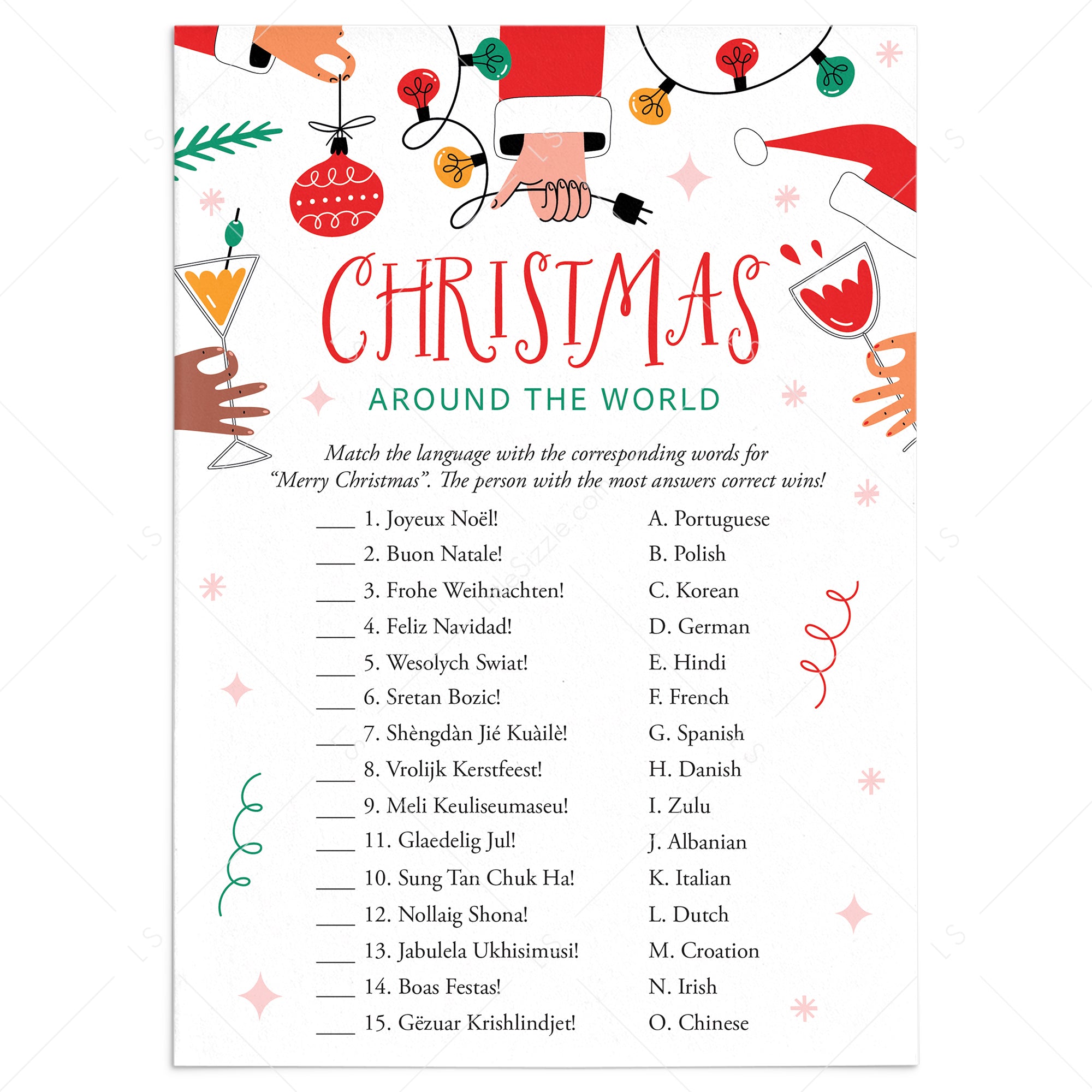 Christmas Around The World Game with Answer Key Printable