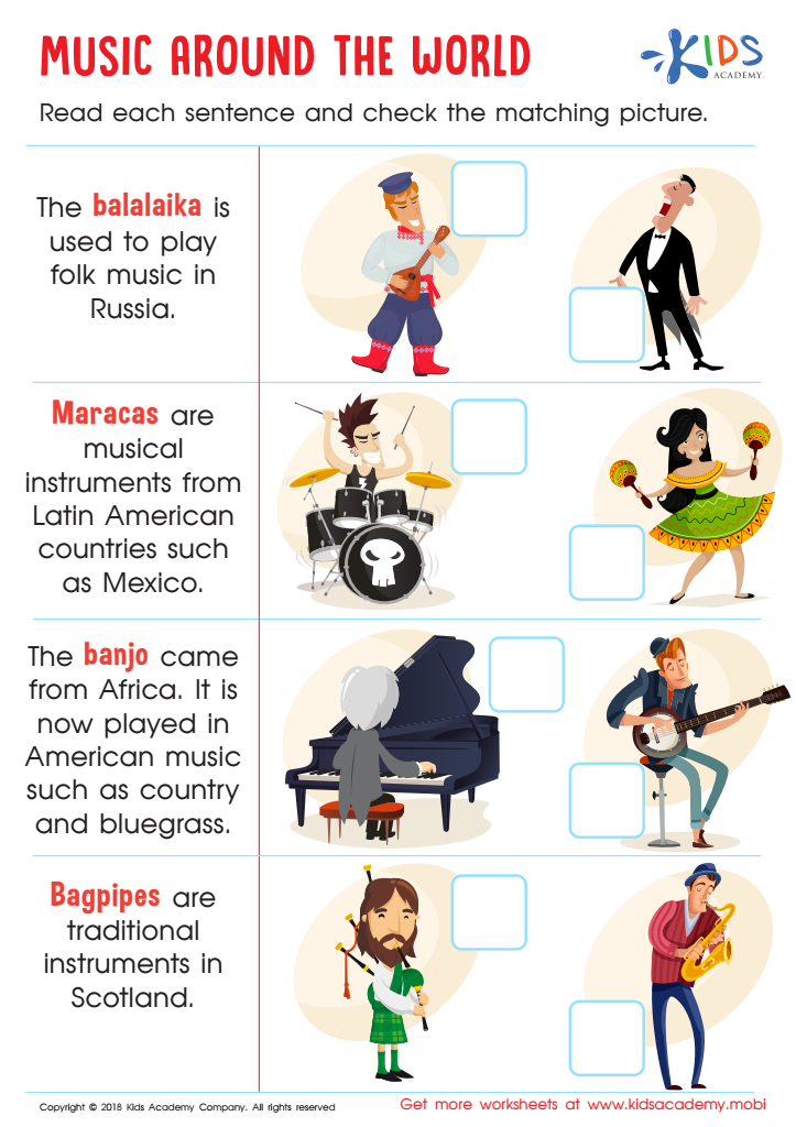 Music Around the World Worksheet for kids